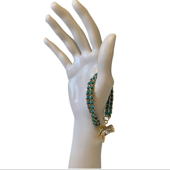 Teal Green & Gold Double Chain Bracelet w/ decorative toggle clasp. - Picture 3 of 6